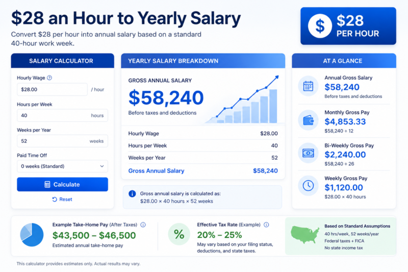 $28 an Hour to Yearly Salary: Gross & Net Annual Income Calculator (2026)